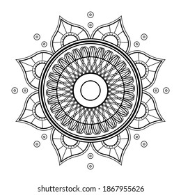 Vector de línea de Mandala. Un ornamento simétrico redondo monocromo. Colores