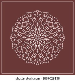 Mandala-Zeilenvektor. Ein symmetrisches weißes rundes Ornament auf bordeauxfarbenem Hintergrund. Spitzendoipe