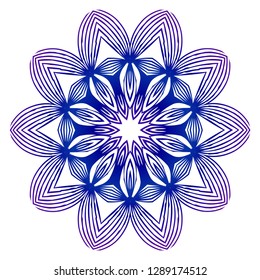 Mandala in linear Ethnic style. Round vector ornament. Blue, purple color gradient. Idea for your Holiday design, cover, poster, tattoo, decorated, bussiness brochure, flyer.