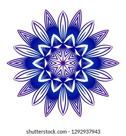 Mandala in linear Ethnic style. Round vector ornament. Blue, purple color gradient. Idea for your Holiday design, cover, poster, tattoo, decorated, bussiness brochure, flyer.