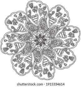 mandala lined doodle valentine love sweet coloring book page black and white background