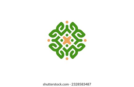 mandala logo with abstract leaf plant pattern in green and orange color