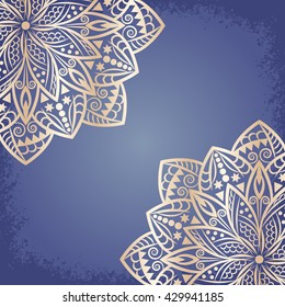 Mandala lotus, background indian gold medallion. Pattern bohemian, decorative round ornament element. Abstract vintage art flower. Tribal, yoga vector design