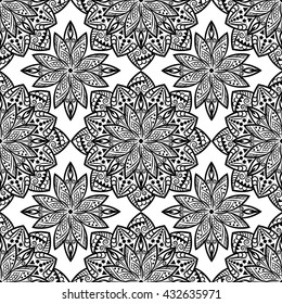 Mandala lotus black white, seamless pattern indian medallion. Background bohemian, decorative  ornament element. Abstract vintage art flower. Tribal, kaleidoscope, yoga vector design