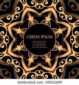 Mandala luxury background vector. Gold black pattern frame. Oriental floral wedding design. Arabic ornament for bridal fashion, art deco print, beauty spa salon or royal holiday party cards.