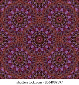 Mandala medallion vector seamless pattern. Ethnic motifs tile print. Korean traditional seamless ornament. Bohemian medallion wallpaper graphic design. Carpet pattern ethnic template.