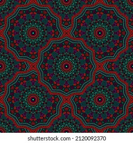 Mandala medallion vector seamless pattern. Ethnic motifs tile print. Moroccan traditional seamless ornament. Cute medallion scrapbook graphic design. Rug pattern ethnic ornament.
