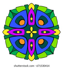 Mandala for meditations. Symmetrical pattern in the square. A colorful picture for the color book. A simple drawing for scrapbook. Stylized fishes.
