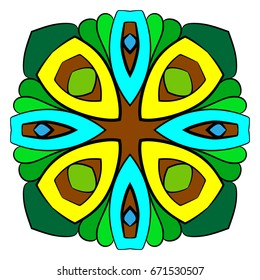 Mandala for meditations. Symmetrical pattern in the square. A colorful picture for the color book. A simple drawing for scrapbook. Stylized boats.