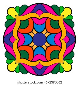 Mandala for meditations. Symmetrical pattern in the square. A colorful picture for the color book. Simple drawing for scrapbook. Template for the album.