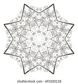Mandala. Mehendi. Dream catcher with beads, patterns, feathers in the form of a star