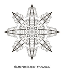 Mandala. Mehendi. Dream catcher with beads, patterns, feathers, circular ornament in the shape of a pointed star