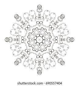 Mandala. Mehendi. Ornament with curls and feathers
