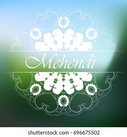 Mandala. Mehendi with patterns, paisley, flowers, petals, curls on a blurred green blue background. Boho style.
