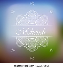 Mandala. Mehendi with patterns, paisley, flowers, petals, curls on a blurry blue green white brown background. Boho style.