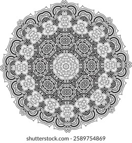 Mandala with mesmerizing symmetrical patterns and detailed artistry. Exuding tranquility and balance, ideal for meditation designs, yoga themes, decoration, and artistic projects.