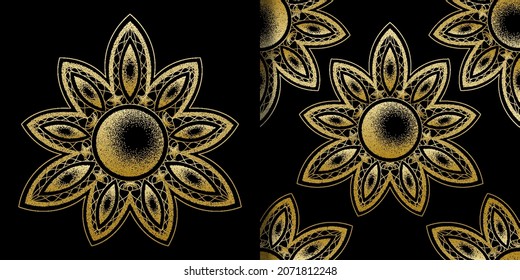 Mandala with moon dorwork t shirt print and seamless pattern