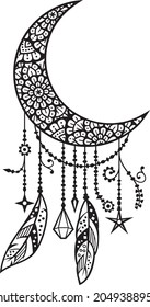 Mandala moon with feathers (Boho style) vector illustration