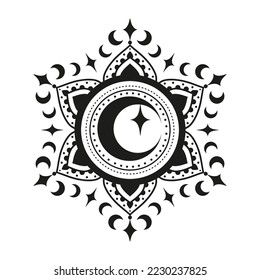 Mandala with moon, sacred geometry. Vector illustration. Zen art. Decorative ornate, hippie, esoteric, mystical objects. 60s, 70s