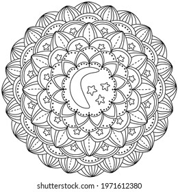 Mandala Moon Stars Coloring Page Petals Stock Vector (Royalty Free ...