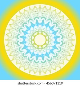 Mandala motif vector. Colorful blue yellow gradiant ornament with bohemian design. Indian mandala print.