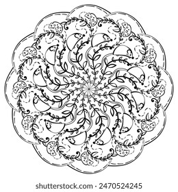 Mandala with mouse and cheese and doodle twigs, fantasy coloring page vector illustration k for creativity and design