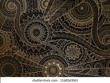 Mandala movement in golden lines on black background. Vector illustration