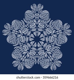 Mandala mushroom. A circular pattern of mushrooms and leaves, blue and white graphics, hand drawn style doodle.