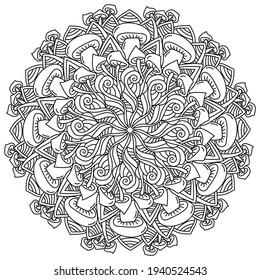 Mandala with mushrooms and patterns, meditative coloring page with fantasy and natural elements vector illustration