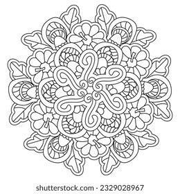 Mandala with mushrooms and pumpkins. Meditative coloring page. Autumn harvest. Black and white Vector illustration.