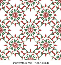 mandala new year ornament pattern. Christmas ornamental circular frame. Holly and mistletoe branches with leafs and berries. Christmas greeting card template. EPS10 vector illustration