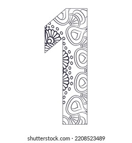 mandala number 1 coloring page with vector illustration Ornamental font