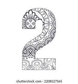 mandala number 2 coloring page with vector illustration Ornamental font
