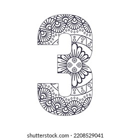 mandala number 3 coloring page with vector illustration Ornamental font
