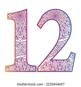 mandala number letter with colorful ornamental  design, gradient color number