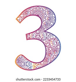 mandala number letter with colorful ornamental  design, gradient color number