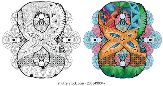 Mandala with numero eight for coloring. Vector decorative zentangle. Colored and outline set