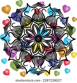 Mandala sobre un fondo de corazones. Ilustración vectorial con una mandala sobre un fondo transparente con corazones coloridos.