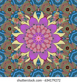 Mandala on black background. Geometric circle element in glod colors. Spiritual and ritual symbol of Islam, Arabic, Indian religions. Vector Round Ornament Pattern.