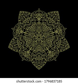 Mandala on black background, great design for any purposes. Vector abstract graphic design.Hand drawing flat vector illustration. Mandala is drawn by hand with leaves, circles, geometric shapes