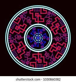 Mandala on a black background. Keeper of the magic power of fire and sun. Seal of the solar deity. The symbol of the solstice. Ethnic design.
