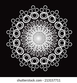 Mandala on black background, vector illustration. Circular ring pattern frame.Anti stress coloring book page for adults.