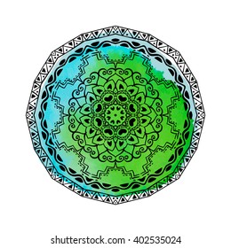 Mandala on the blue watercolor stain. Vector ornament, round decorative element for your design