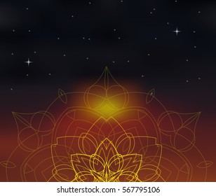 Mandala on cosmos blurred background. Space and stars. Blur sunset colors. Sacred geometry ornament. Indian decorative element. For yoga studio or meditation classes. Vector EPS10 illustration.