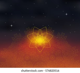 Mandala on cosmos blurred background. Space and stars. Blur sunset colors. Sacred geometry ornament. Indian decorative element. For yoga studio or meditation classes. Vector EPS10 illustration.