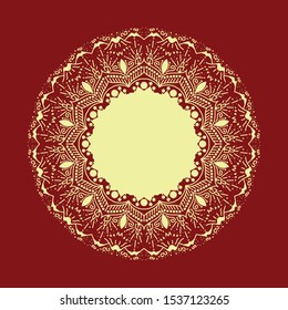 Mandala on fill color isolated background. Vector new year pattern of mandala in gold and red colors. For card, web, printing, and decorative.