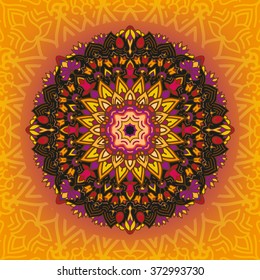 Mandala on gradient color background. Blackmandala with floral pattern. Tracery mandala on orange background.