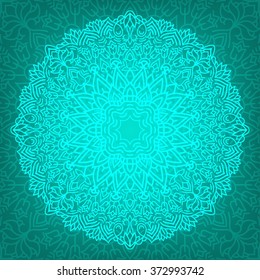 Mandala on gradient color background. Contour mandala with floral pattern. Tracery mandala on a turquoise background.