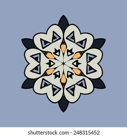 Mandala on light blue gray background. Vintage design elements. Tribal  like motif. Flayer template unusual