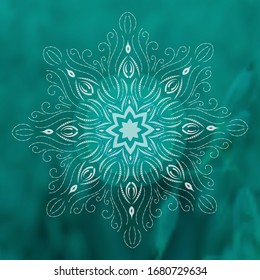 Mandala on nature green field background. Vector boho mandala. Yoga template, psychedelic, psychology, Earth Day